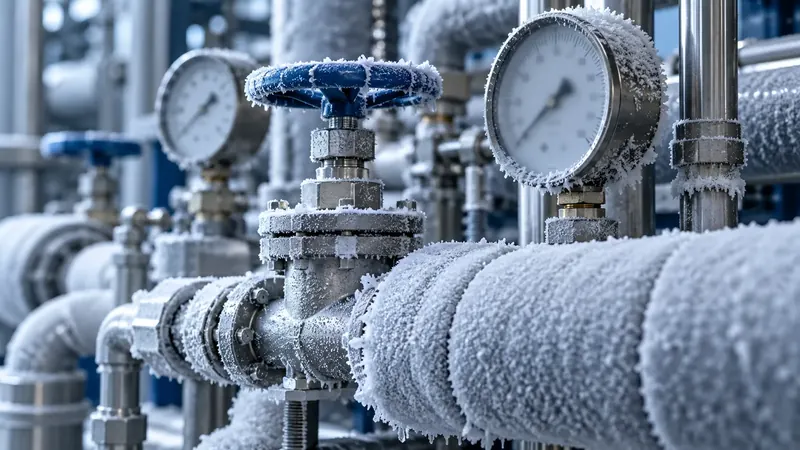 Frost thick on a refrigerant line, a blue-handled valve and two pressure gauges in a cold room.
