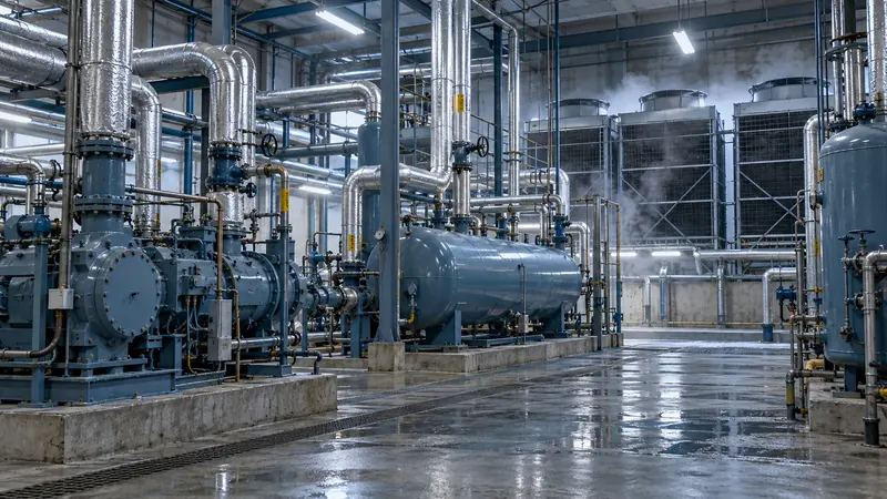 A refrigeration engine room: blue compressors, a horizontal receiver vessel and insulated suction lines, with condensers venting vapor at the back.