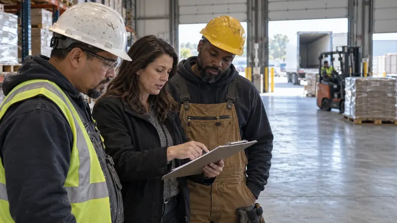 Two technicians and a facility manager reading a clipboard together on a warehouse floor, a forklift and an open trailer behind them.