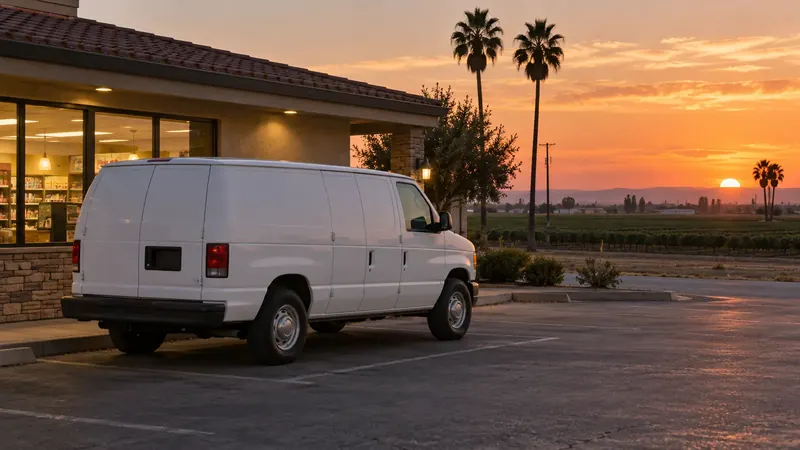 A white service van parked at dusk, palm trees and Valley farmland under an orange sky behind it.
