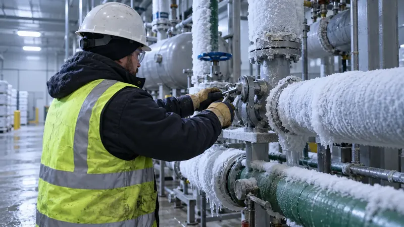 A technician in a hard hat and high-visibility vest tightening a fitting on frosted refrigeration piping.